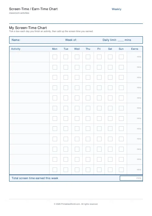 Free printable screen-time chart — 12 activities — PDF download
