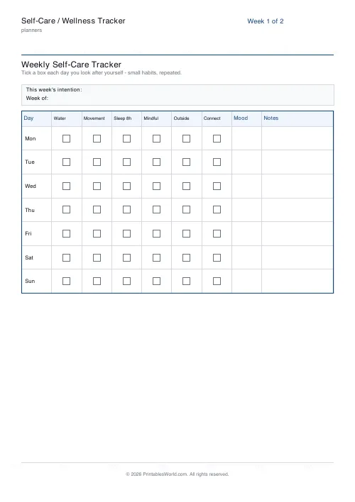 Free printable weekly self-care tracker — 2 weeks — PDF download