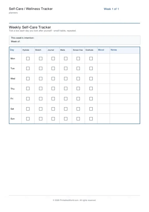 Free printable weekly self-care tracker — Calm routine — PDF download