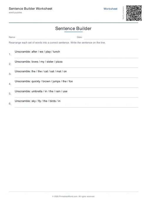 Free printable sentence unscrambling worksheet (6 problems), PDF download