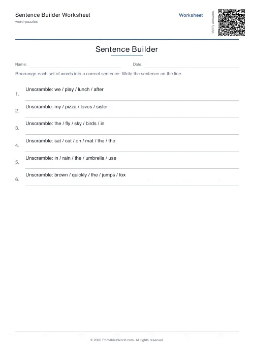 Free printable sentence unscrambling worksheet (8 problems), PDF download