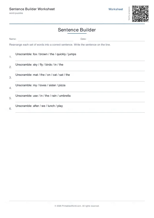 Free printable sentence unscrambling worksheet (6 problems, with answer key), PDF download