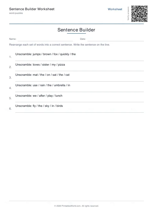 Free printable sentence unscrambling worksheet (8 problems, with answer key), PDF download