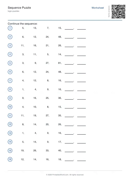 Free printable number sequence puzzle (16 sequences, with answer key), PDF download