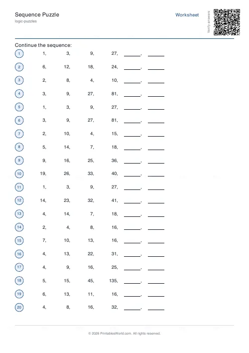 Free printable number sequence puzzle (20 sequences, with answer key), PDF download