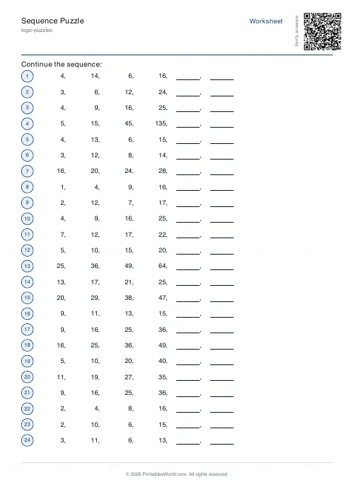 Free printable number sequence puzzle (24 sequences, with answer key), PDF download