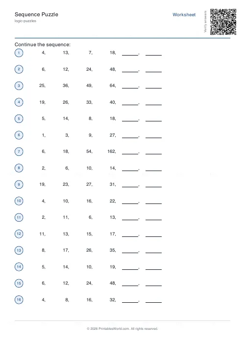Free printable number sequence puzzle (16 sequences), PDF download