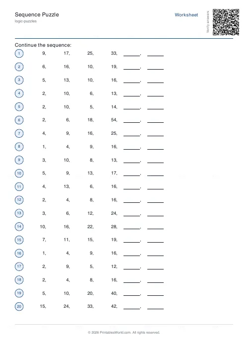 Free printable number sequence puzzle (20 sequences), PDF download