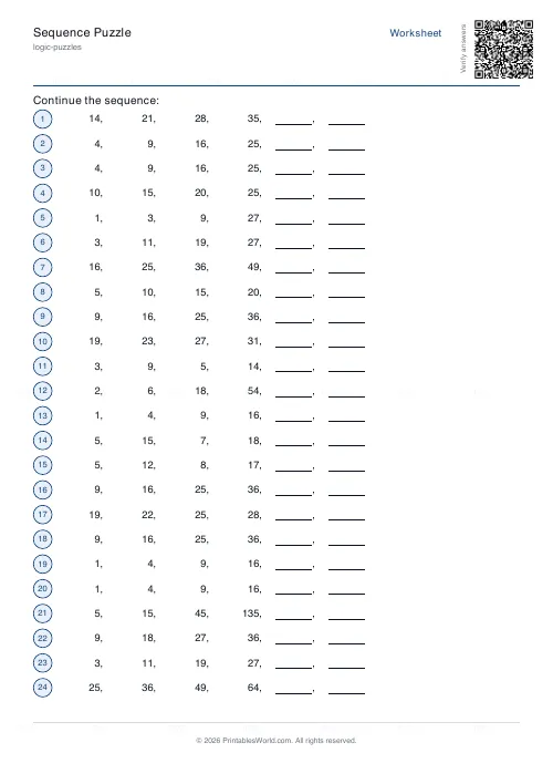 Free printable number sequence puzzle (24 sequences), PDF download