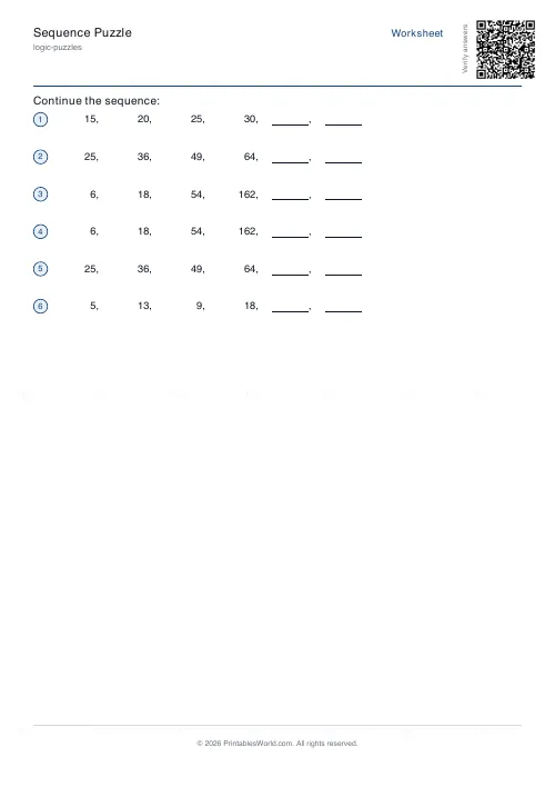 Free printable number sequence puzzle (6 sequences, with answer key), PDF download