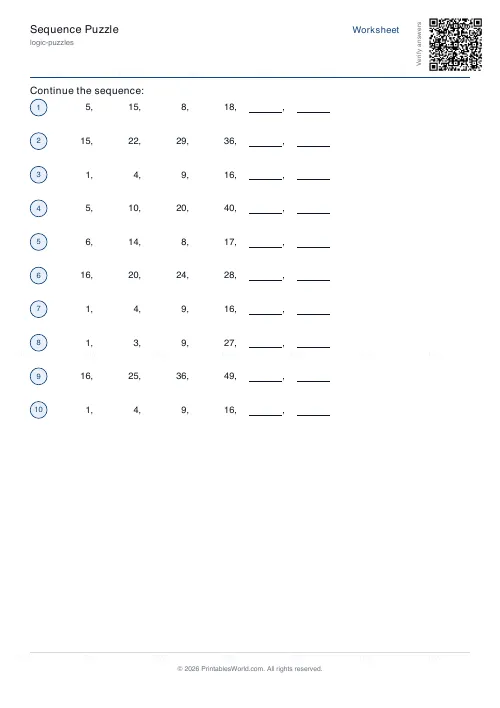 Free printable number sequence puzzle (10 sequences, with answer key), PDF download