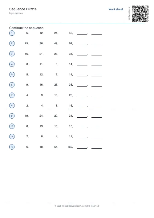 Free printable number sequence puzzle (12 sequences, with answer key), PDF download