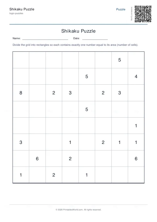 Free printable shikaku puzzle (Easy), PDF download