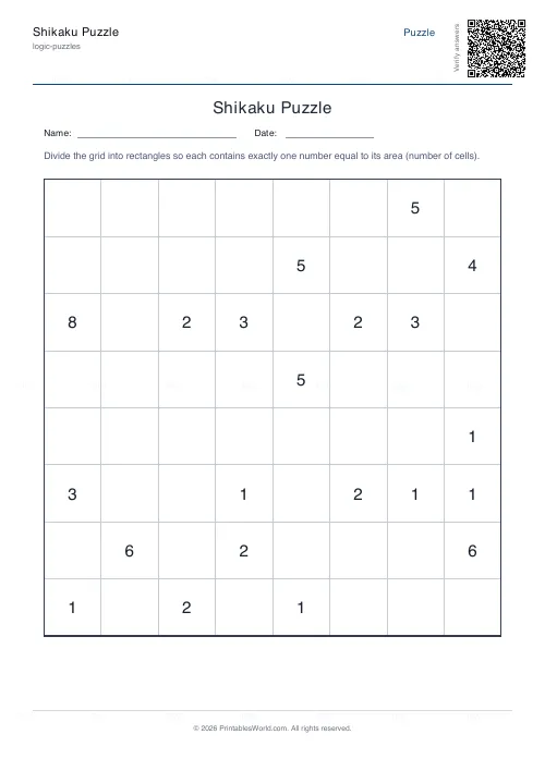 Free printable shikaku puzzle (Hard, with answer key), PDF download
