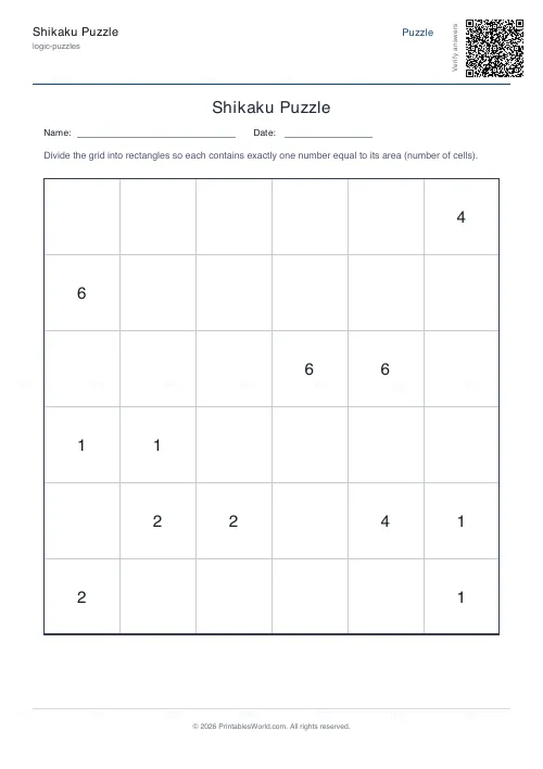 Free printable shikaku puzzle (6x6, with answer key), PDF download