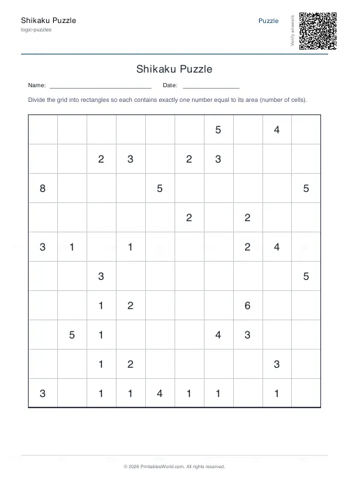 Free printable shikaku puzzle (10x10, with answer key), PDF download