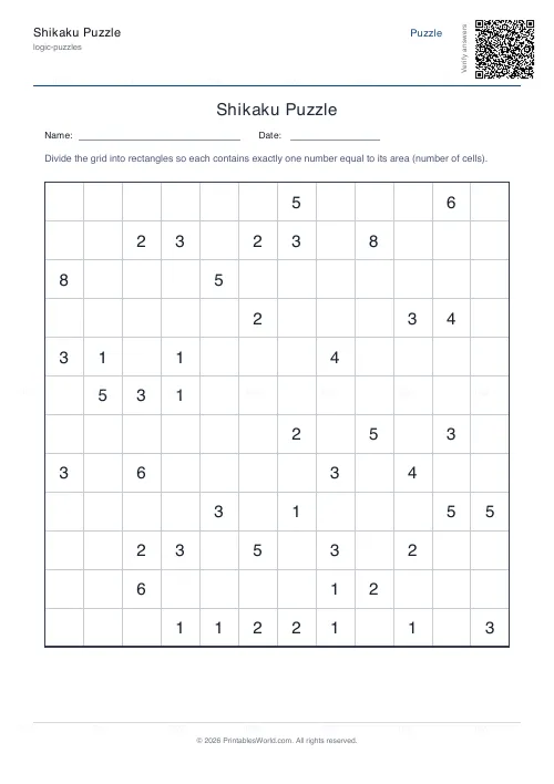 Free printable shikaku puzzle (12x12, with answer key), PDF download