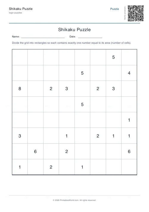 Free printable shikaku puzzle (Medium), PDF download