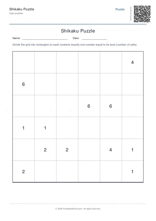 Free printable shikaku puzzle (6x6), PDF download
