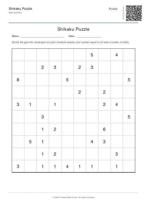 Free printable shikaku puzzle (10x10), PDF download