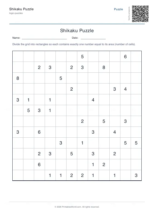 Free printable shikaku puzzle (12x12), PDF download