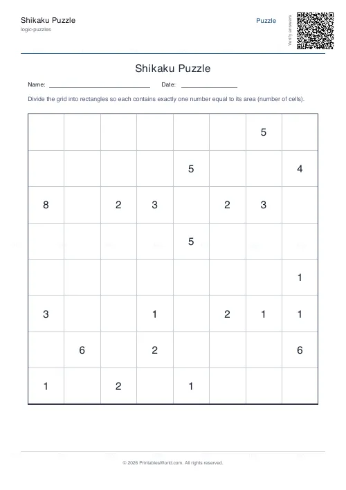 Free printable shikaku puzzle (Medium, with answer key), PDF download