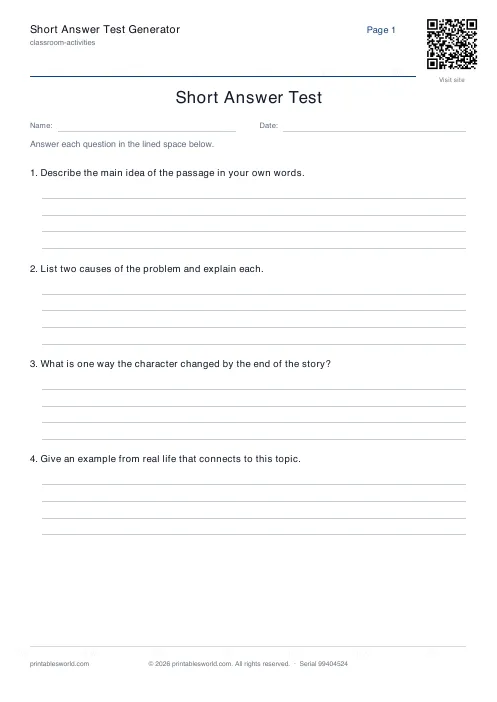 Free printable short Answer Test PDF — sheet 1