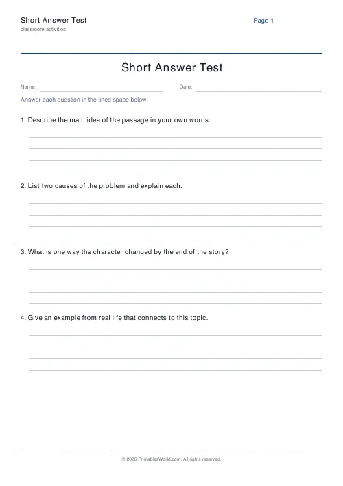 Free printable short-answer test (4), PDF download