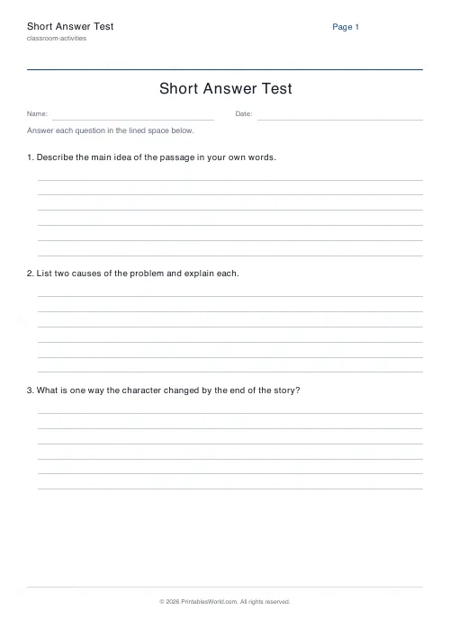 Free printable short-answer test (6), PDF download