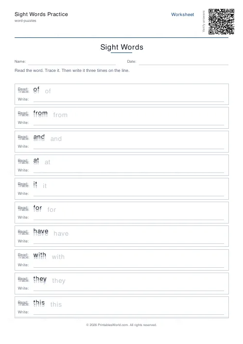 Free printable sight words practice (10 words), PDF download