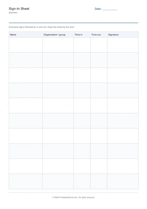 Free printable sign-in sheet (10 rows), PDF download