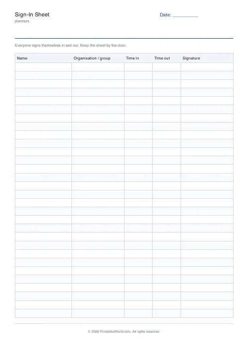 Free printable sign-in sheet (30 rows), PDF download