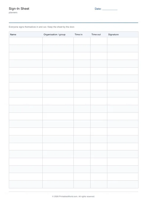 Free printable sign-in sheet (No name and date band), PDF download