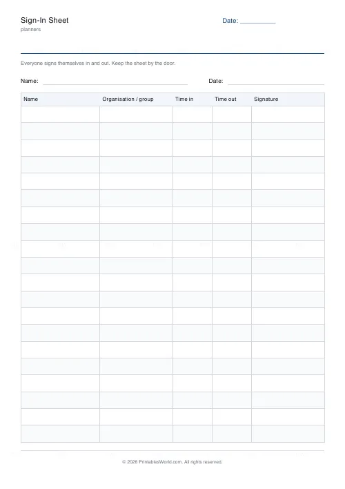 Free printable sign-in sheet (With a name and date band), PDF download