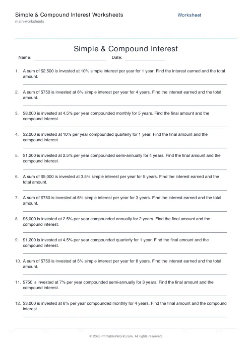 Free printable simple & compound interest worksheets — PDF download