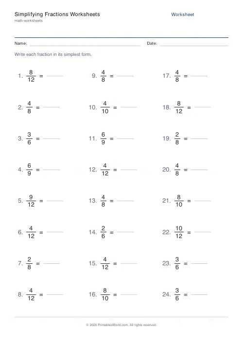 Free printable simplifying fractions worksheet (Up to 12), PDF download