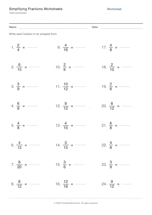 Free printable simplifying fractions worksheet (Up to 24), PDF download
