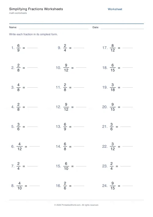 Free printable simplifying fractions worksheet (Up to 40), PDF download