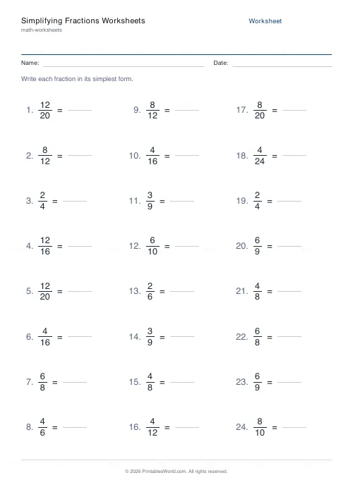 Free printable simplifying fractions worksheet (Up to 60), PDF download