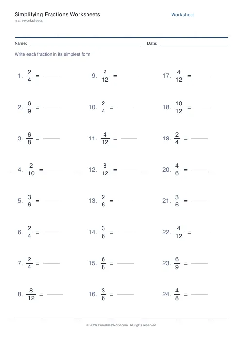 Free printable simplifying fractions worksheet (Up to 12, with answer key), PDF download