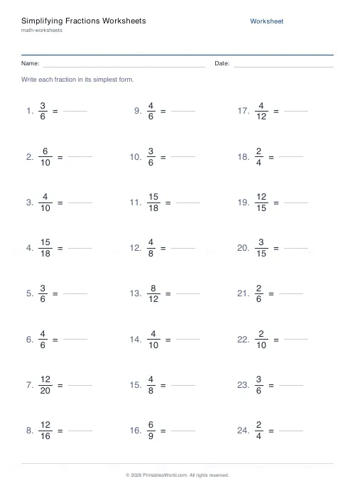 Free printable simplifying fractions worksheet (Up to 24, with answer key), PDF download