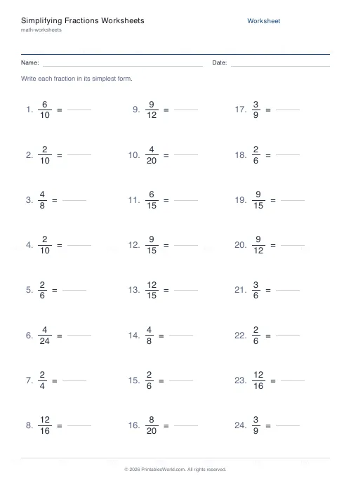 Free printable simplifying fractions worksheet (Up to 40, with answer key), PDF download