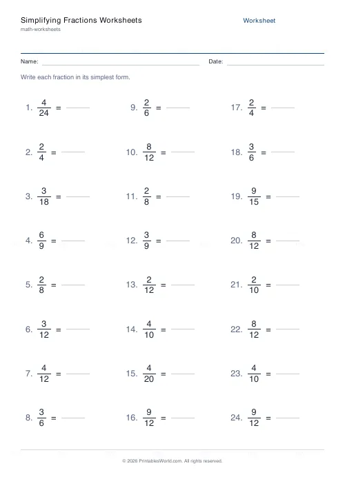 Free printable simplifying fractions worksheet (Up to 60, with answer key), PDF download