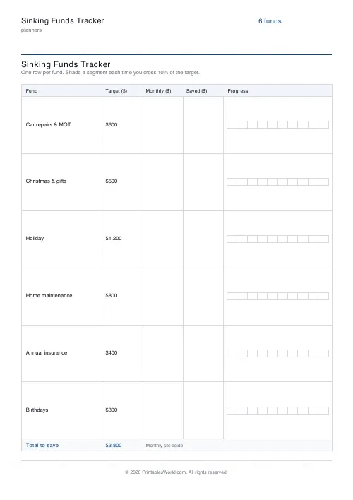 Free printable sinking funds tracker — $ USD — PDF download