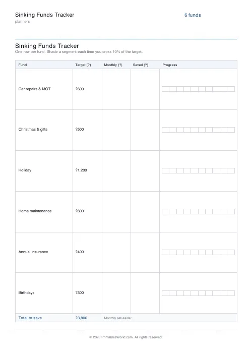 Free printable sinking funds tracker — € EUR — PDF download
