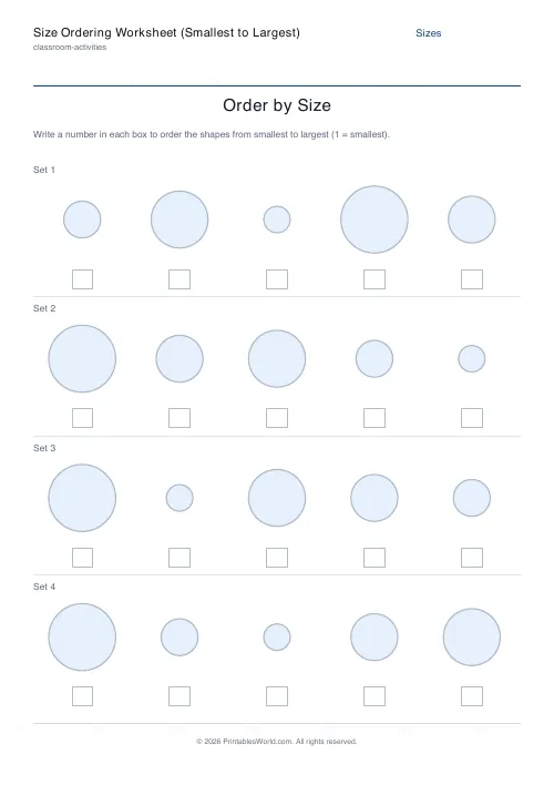 Free printable size ordering worksheet — Circles — PDF download