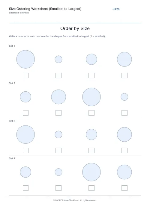Free printable size ordering worksheet — 4 shapes, with answer key — PDF download