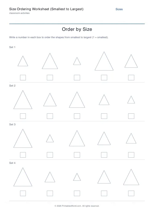 Free printable size ordering worksheet — Triangles — PDF download