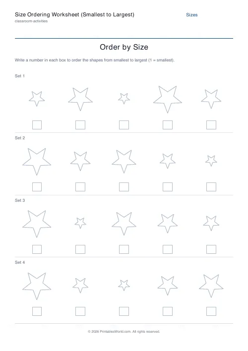 Free printable size ordering worksheet — Stars — PDF download