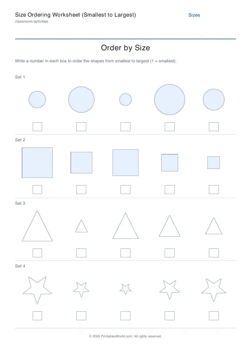 Free printable size ordering worksheet — Mixed — PDF download